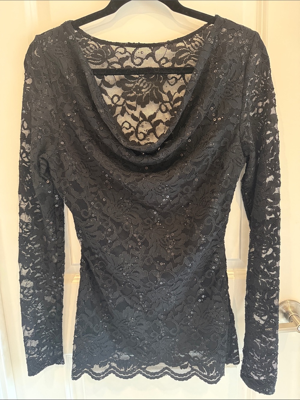 Boston Proper black lace cowl neck long sleeve top with sequins size Medium